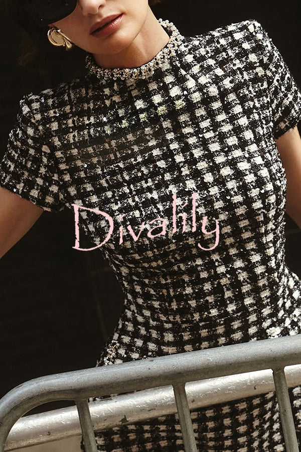 Eve Check Bouclé-tweed Fabric Pearl Trim Short Sleeve Pocketed Mini Dress