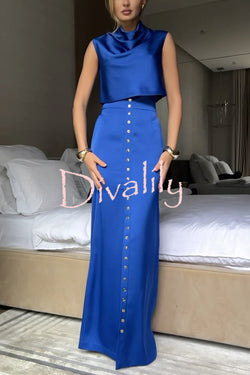 Solid Color Casual Sleeveless Crop Top and Elegant Button-down Maxi Skirt Set