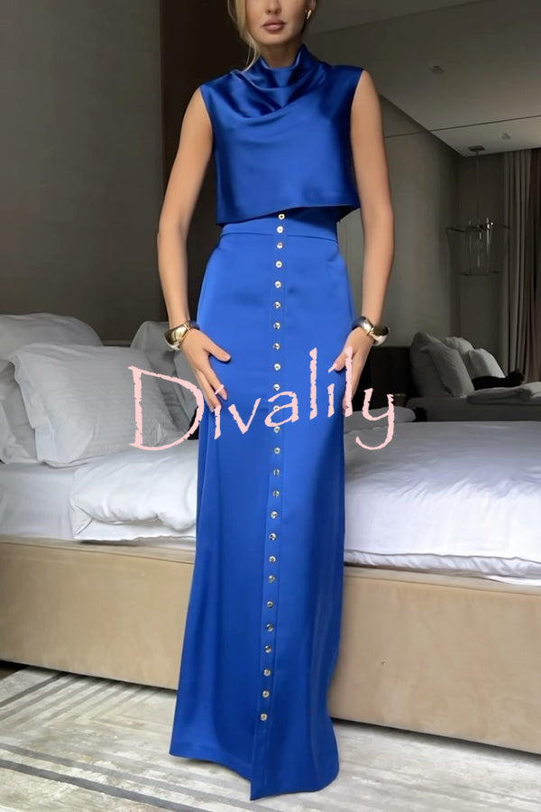 Solid Color Casual Sleeveless Crop Top and Elegant Button-down Maxi Skirt Set