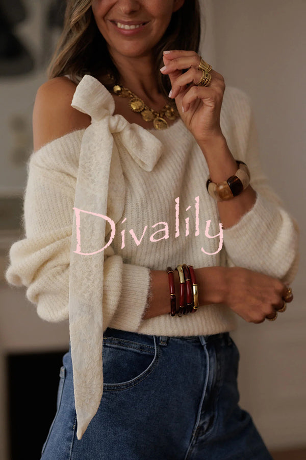 Solid Color Bow Tie Long-sleeved Casual Knit Sweater