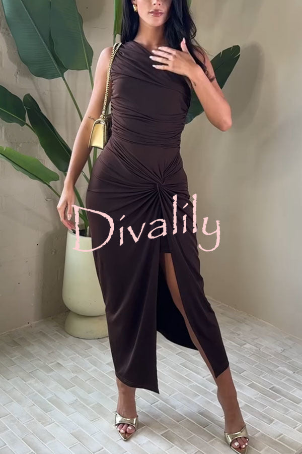 Special Attendance One Shoulder Ruched Twist Knot Slit Stretch Midi Dress