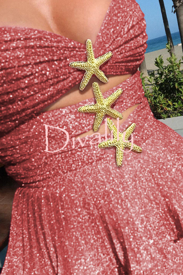 Little Mermaid Glitter Fabric Metal Starfish Hollow Layered Stretch One-piece Swimsuit