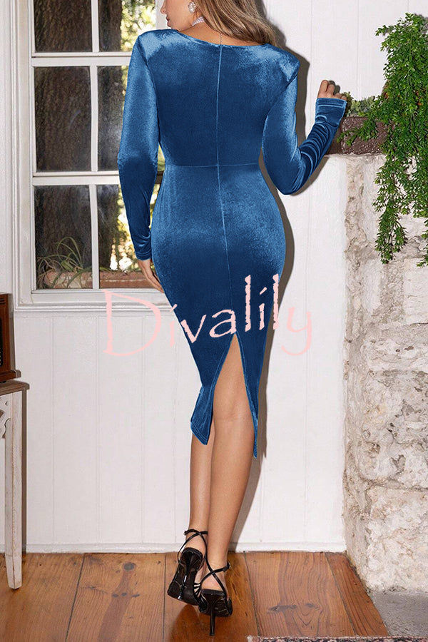 Solid Color Velevt Square Neck Long Sleeve Waisted Midi Dress