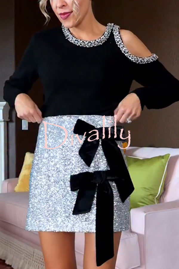 Holiday Party Sequin Velvet Bow Detail High Rise Stretch Mini Skirt