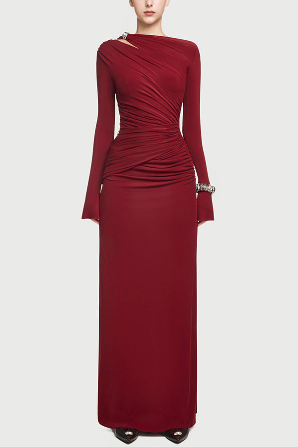 Stylish Long-sleeved Slim-fit Pleated Elegant Maxi Dress