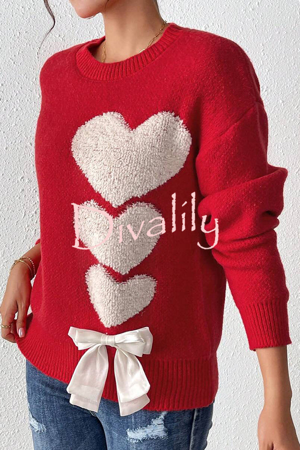 Love Jacquard Loose Cute Bowknitted Long Sleeve Sweater