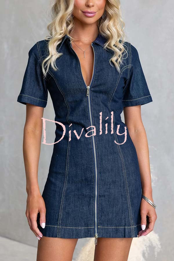 Street Chic Denim Shirt Neck Front Zip-up Stretch Mini Dress