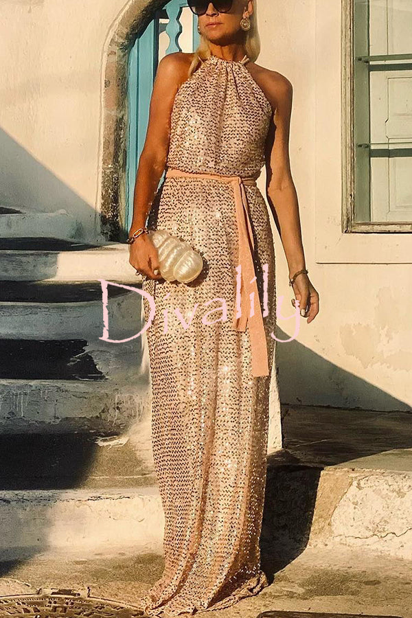 Evenings on The Island Sequin Halter Neck Belted Loose Maxi Dress