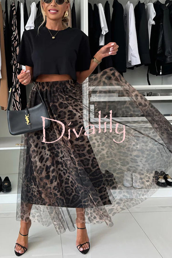 Autumn Jungle Tulle Leopard Print Elastic Waist A-line Maxi Skirt