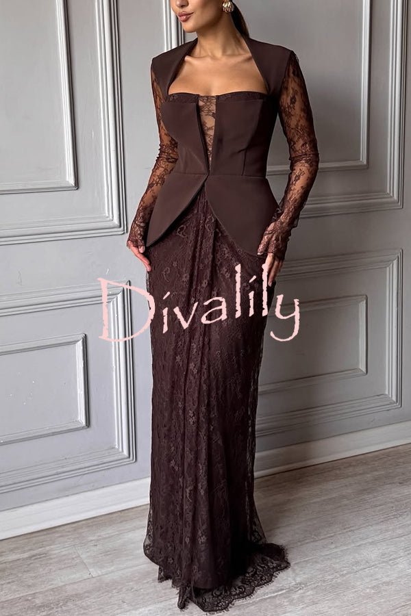 Belle Contrast Sheer Lace Fabric Patchwork Square Neck Long Sleeve Drape Maxi Dress