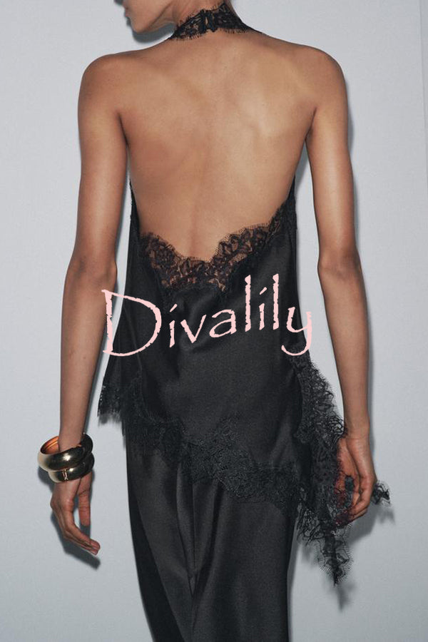 Dolly Satin Lace Trim Halter Cowl Neck Asymmetric Hem Tank