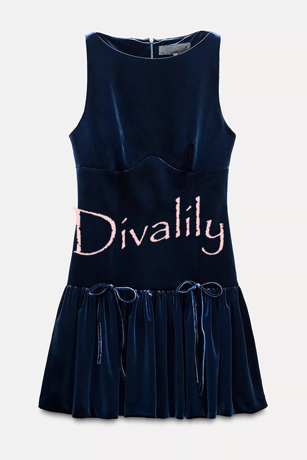 Solid Velvet Bow Embellished Sleeveless Mini Dress