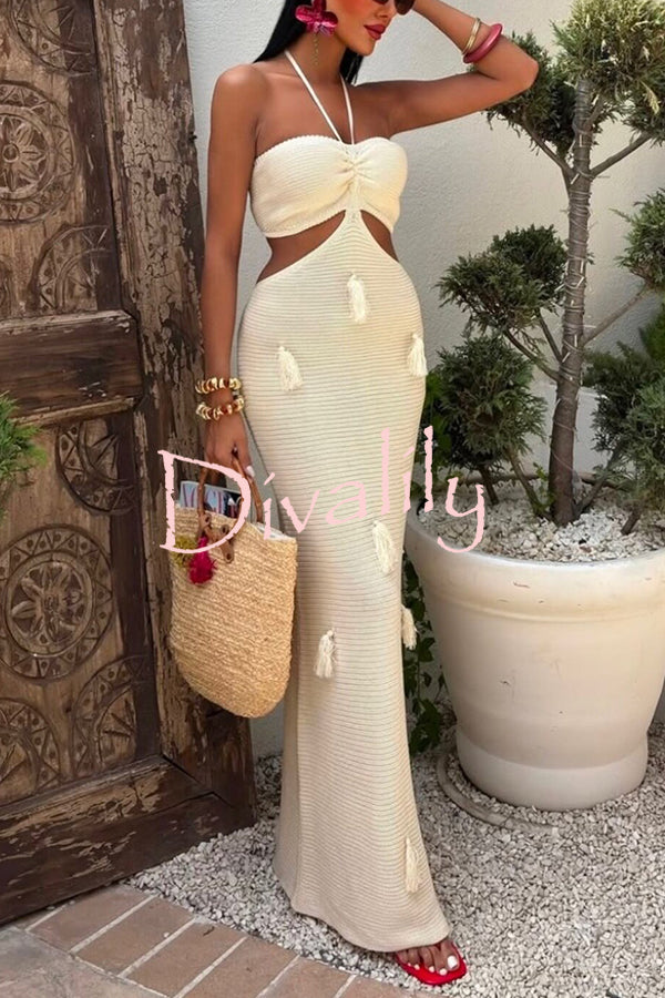 Fashion Halterneck Waist-baring Tassel-embellished Knitted Maxi Dress