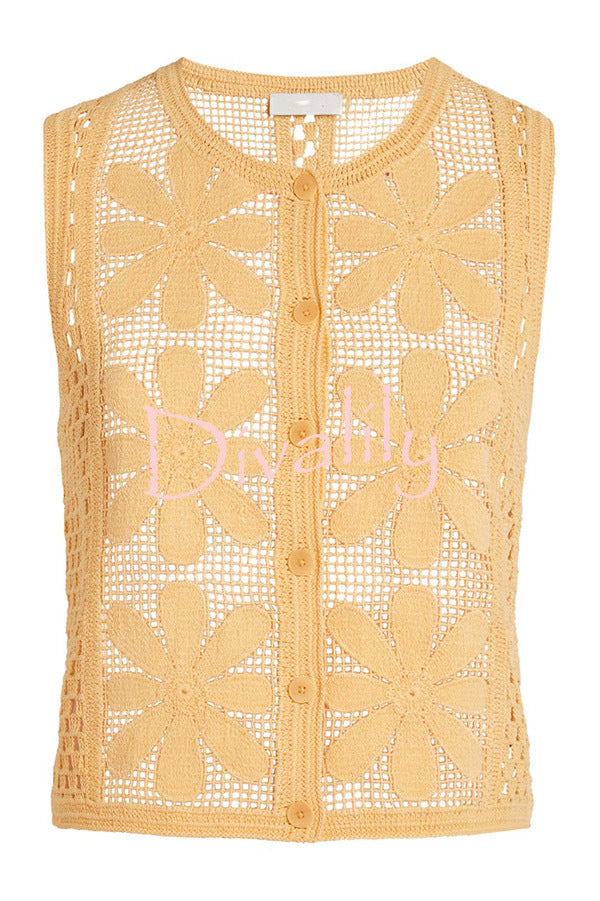 Fashion Embroidered Hollow Sleeveless Round Neck Knitted Vest