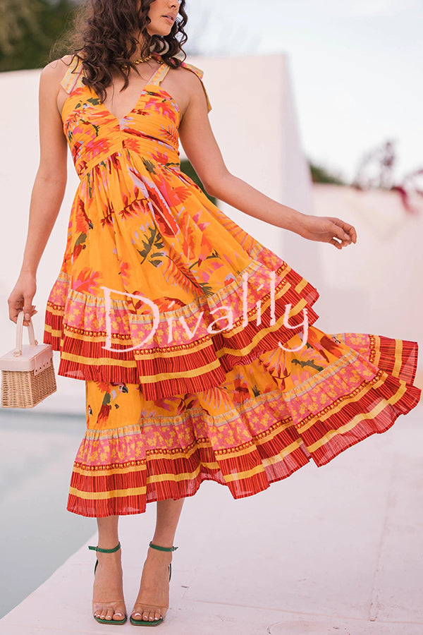 Tropical Sunset Unique Print Pleated Tie-up Straps Tiered Midi Dress