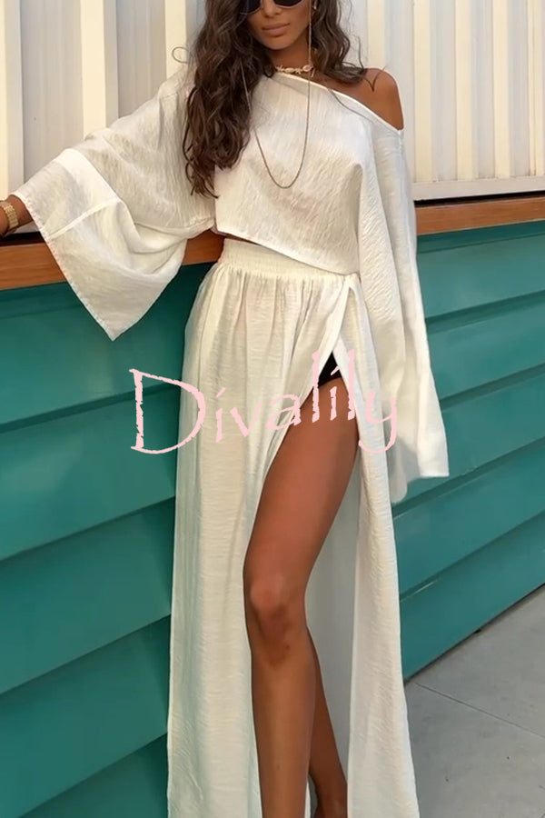Seaside Leisure Linen Blend Solid Color Elastic Waist High Slit Maxi Skirt