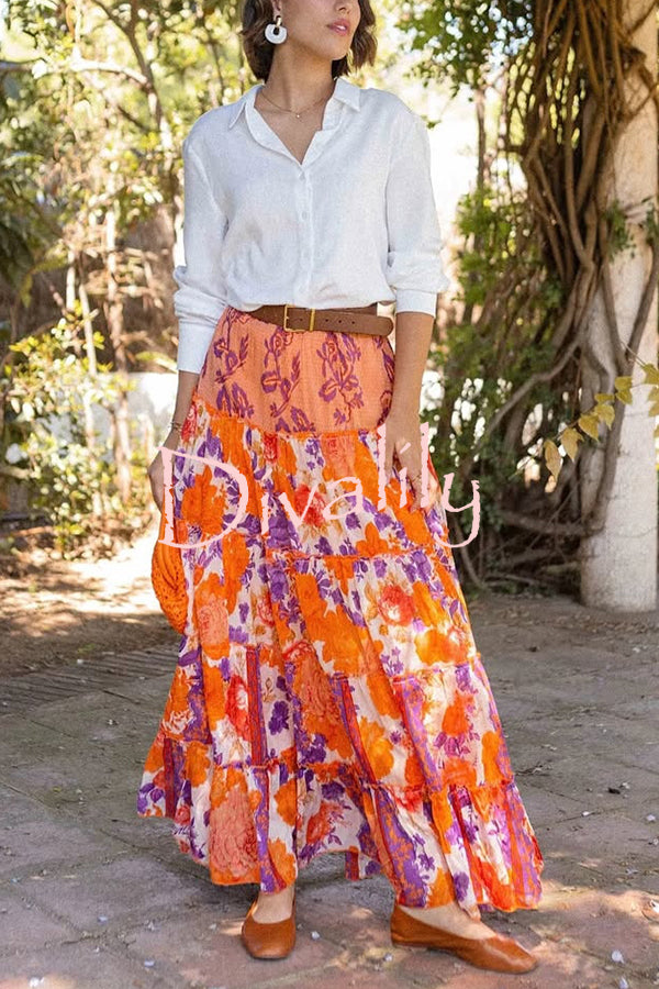 Resort Style Floral Print Elastic Waist Loose Stitching Maxi Skirt