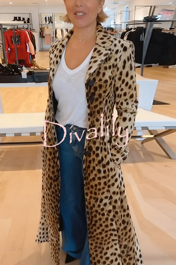 Leopard Print Long Sleeve Pocket Casual Maxi Trench Coat