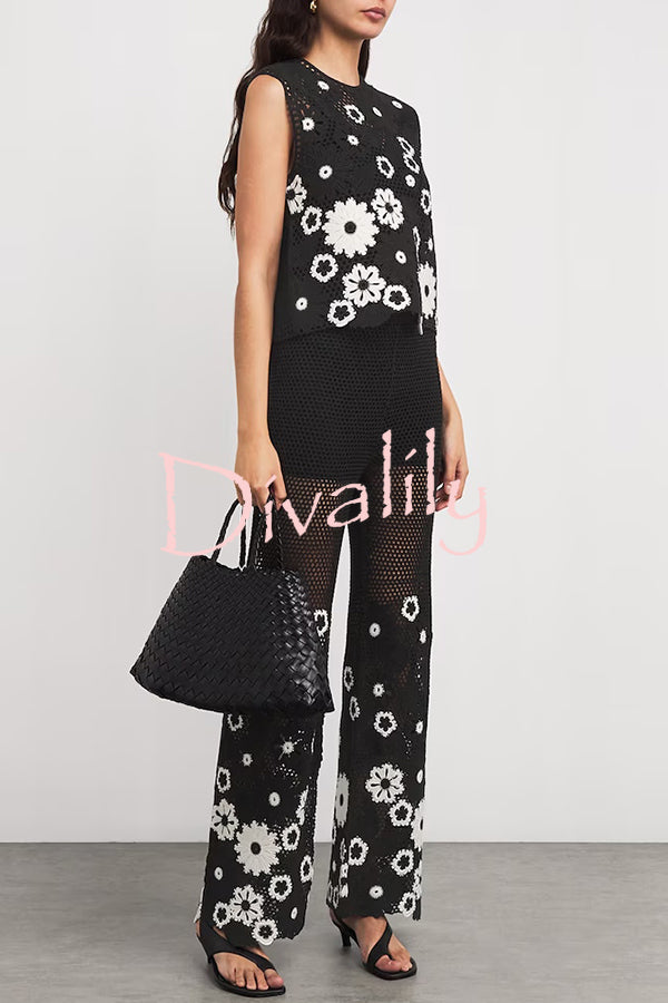 Fashionable Embroidered Hollow Crochet Sleeveless Round Neck Knitted Vest