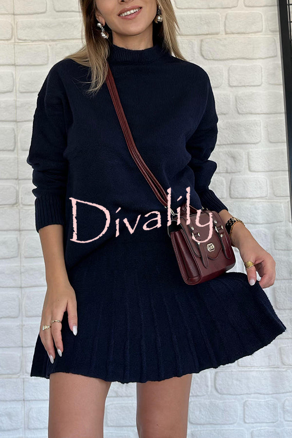 Solid Color Casual Preppy Knit Top and Knit Stretch Pleated Mini Skirt Set