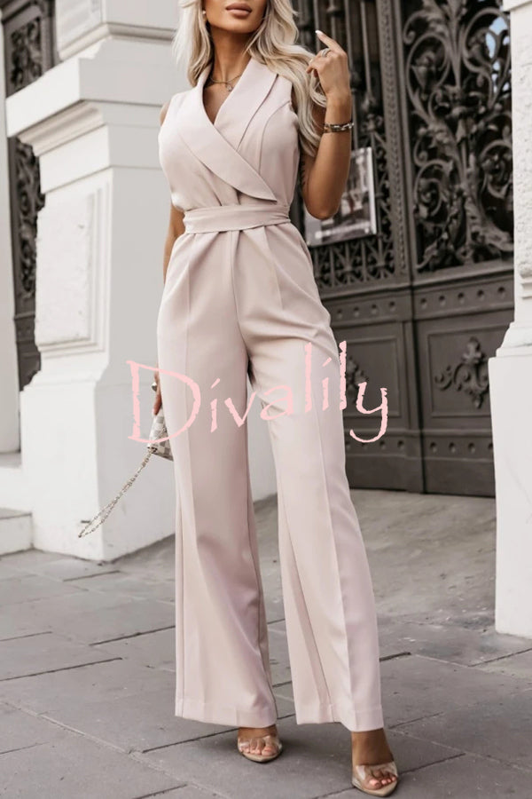 Make Your Entrance Lapel Belt Pocketed Wide Leg Formal Jumpsuit