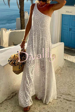 Pure Soul Unique Lace Pattern One Shoulder Slit Vacation Maxi Dress