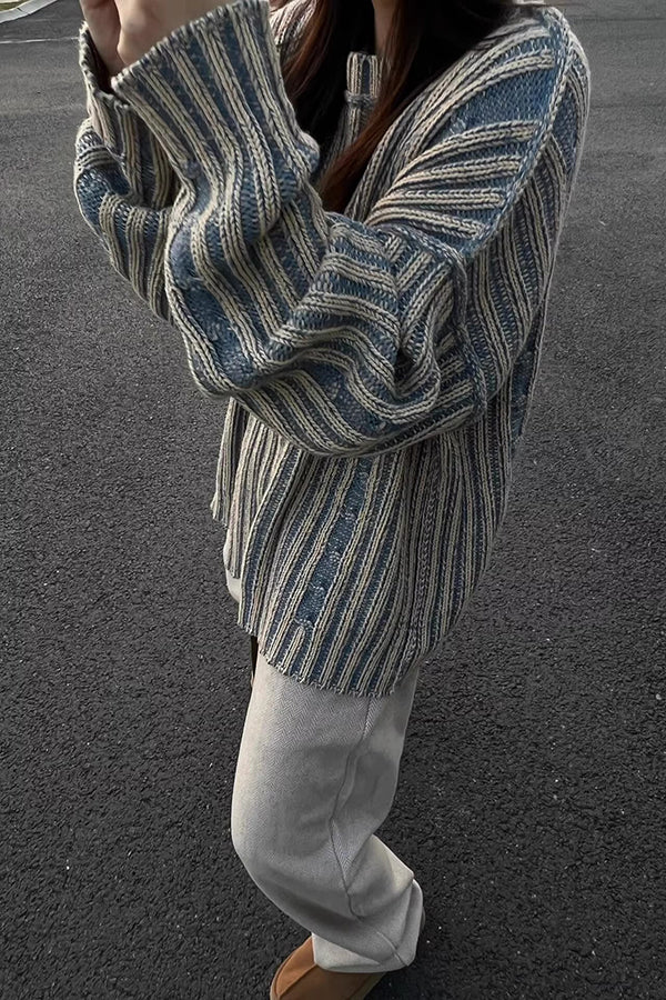 Retro Contrast Striped Knitted Loose Sweater