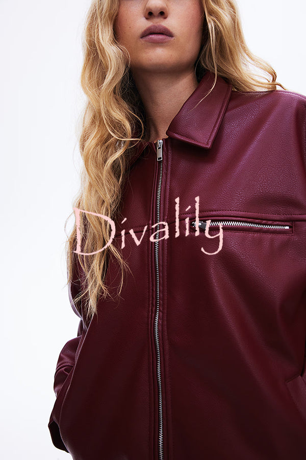 Fashion Lapel Long Sleeve Pocket Zipper Leather Jacket