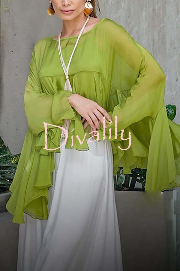 Romantic Journey Chiffon Ruffle Batwing Sleeve Top and Elastic Waist Pocket Loose Pants Set