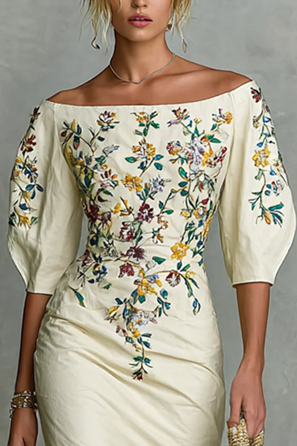 Floral Print Off-shoulder Puff Sleeve Fitted Midi Dress