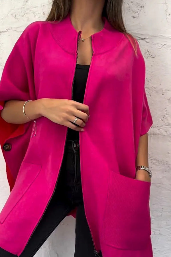 Solid Color Stand Collar Zipper Pocket Loose Shawl Jacket