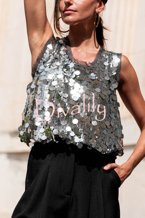 Fashionable Sequined Round Neck Sleeveless Loose Vest
