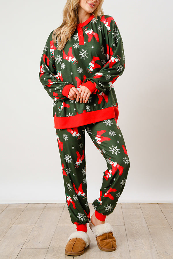 Christmas Print Button Long Sleeve Top and Elastic Waist Tie Pocket Pants Set