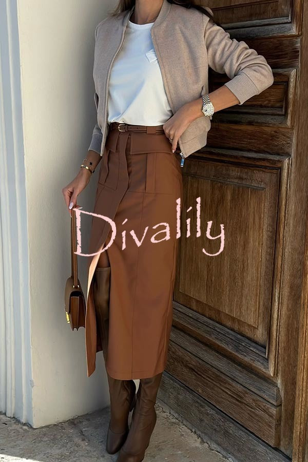 Zayna High Rise Pocketed Front Slit Cargo Midi Skirt