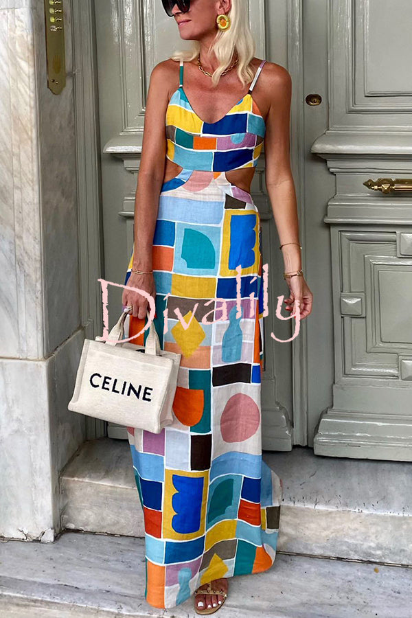 Alma Linen Blend Colorful Unique Print Cutout Back Tie-up Maxi Dress