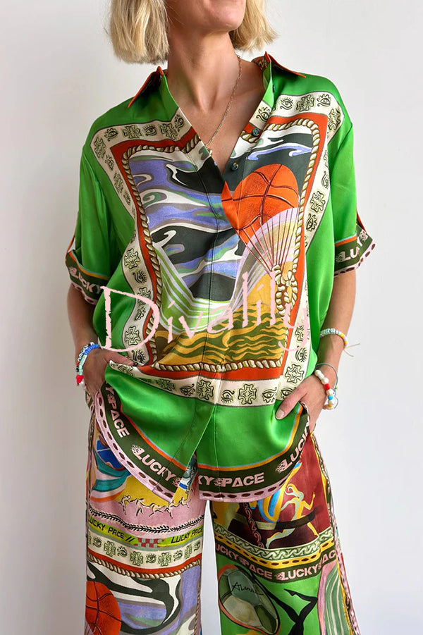 Unique Printed Lapel Short-sleeved Loose Shirt and Elastic Waist Tie Wide-leg Pants Set