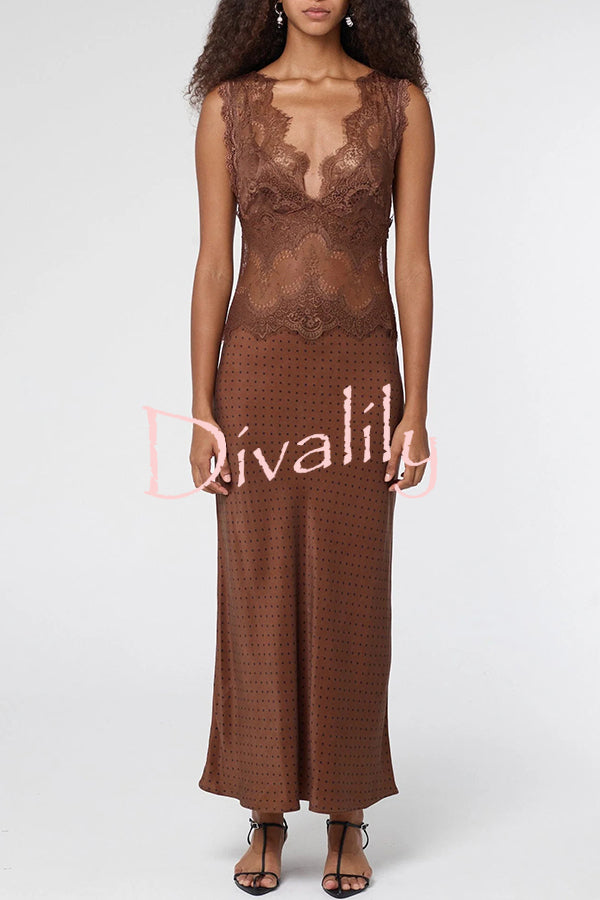 Wonderful Fusion Satin Lace Trim Poka Dot V-neck Drape Maxi Dress