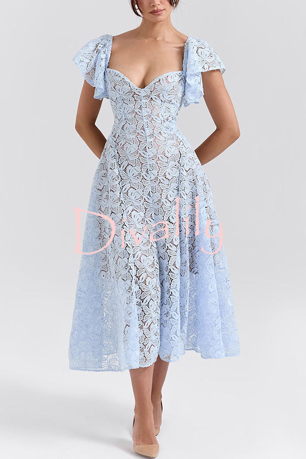 Romantic Atmosphere Bluebell Lace Butterfly Sleeve Sweetheart Neck Stretch Midi Dress