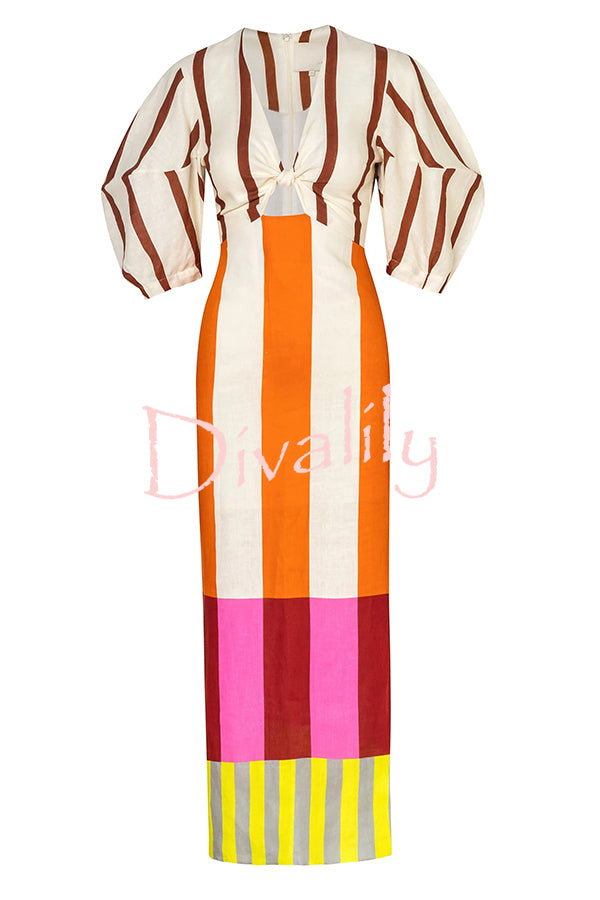 Kaya Linen Blend Color Block Print Front Cutout Knot Puff Sleeve Maxi Dress