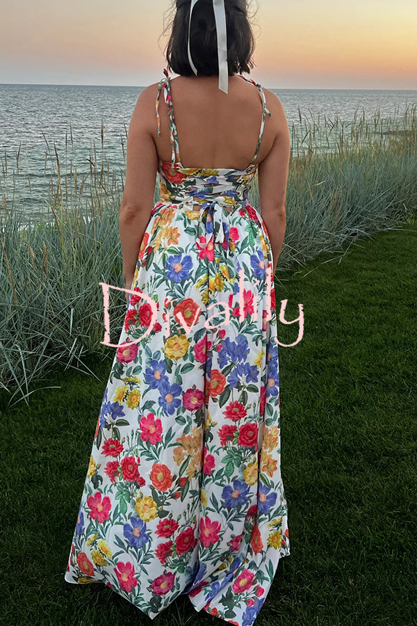 Garden Wedding Floral Print Back Tie-up Pocketed Slit Maxi Dress