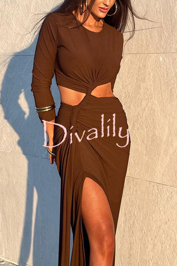 Solid Color Round Neck Long Sleeve Sexy Exposed Waist Slit Maxi Dress