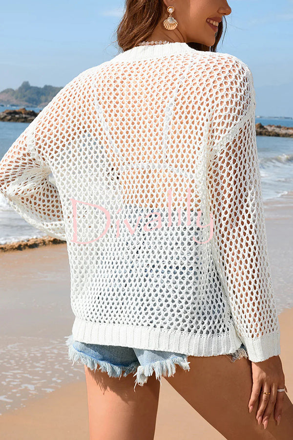 Solid Color Round Neck Long Sleeve Heart Knitted Beach Cover Up