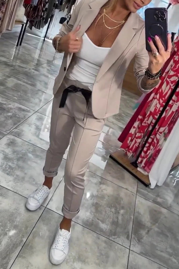 Smart Casual Lapel Blazer and Elastic Waist Tie Pocket Pants Set