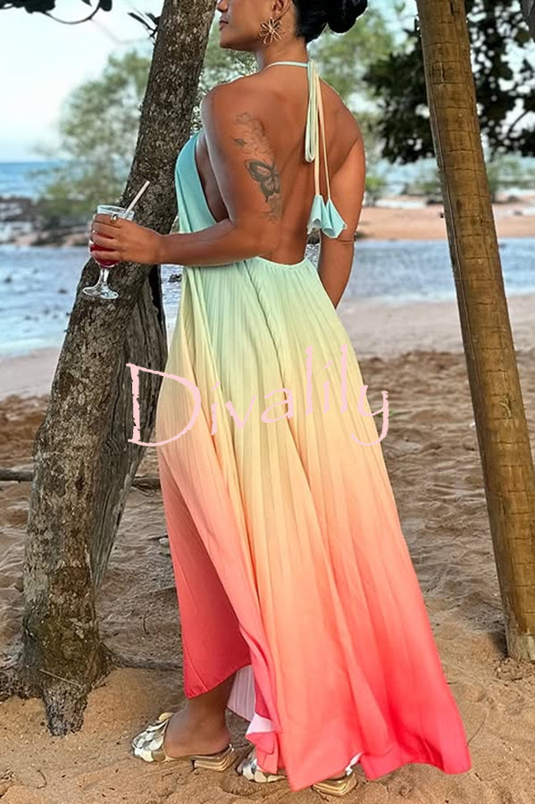 Sea goddess Gradient Print Pleated Halter Backless A-line Maxi Dress