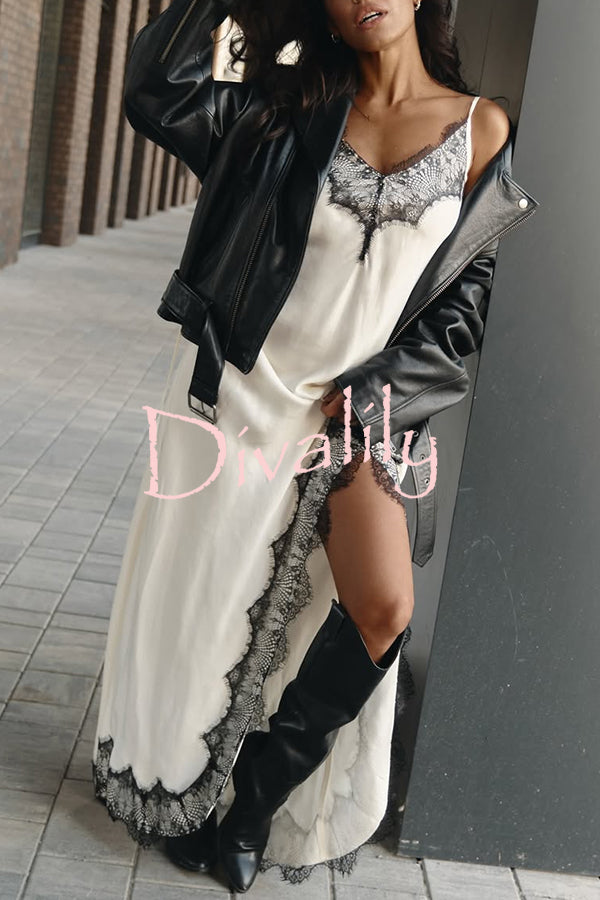 Breezy City Fall SatinLace Petal Trim Slip Tie-up H-line Slit Maxi Dress