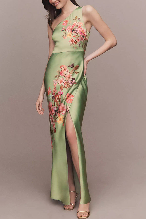 Wedding  Guest Satin Floral Print One Shoulder Side Slit Maxi Dress