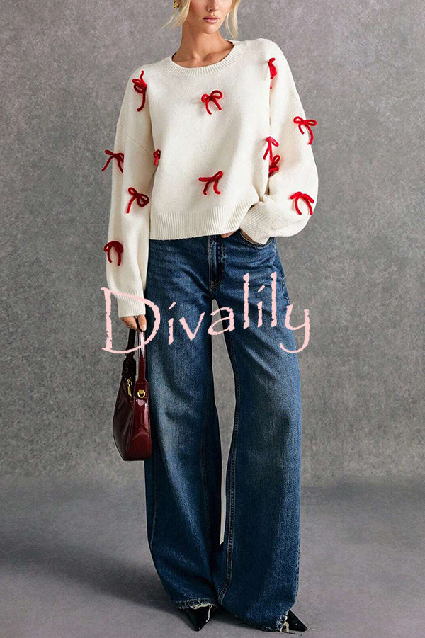 Christmas Bow Round Neck Loose Long Sleeve Knitted Sweater