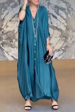 Satin Solid Color V-neck Buttoned Loose Maxi Dress