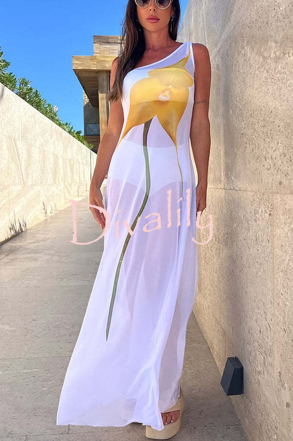 Dalia Tulle See Through Floral Print One Shoulder Vacation Maxi Dress