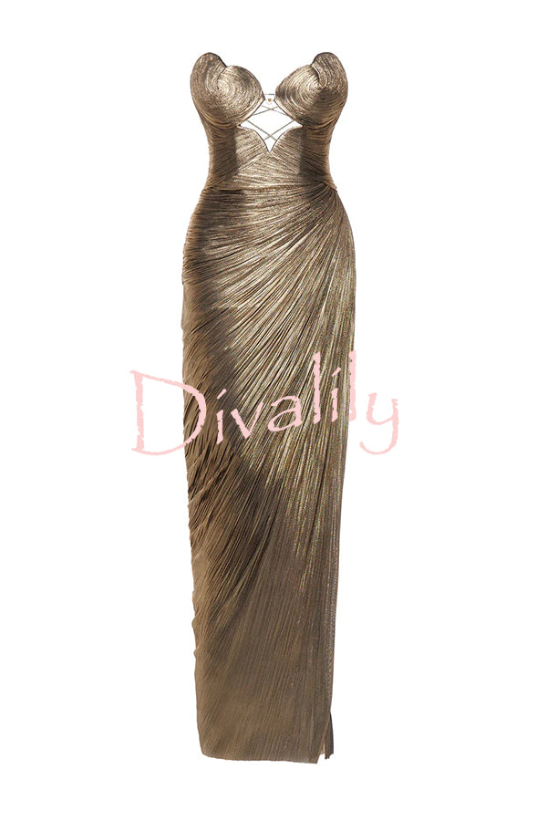 Amisha Metallic Pleated Shell Cups Hollow Gold Pendant Strapless Drape Slit Maxi Dress